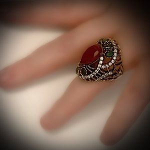 Sz 11 RUBY EMERALD FINE RING Solid 925 Silver/Gold